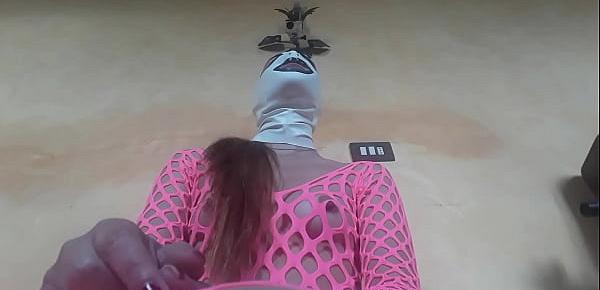  Wearing pink fishnet catsuit and pink platform ankle boots. Rough  blowjob